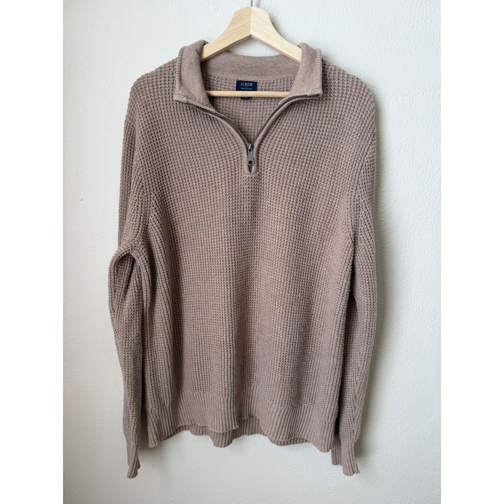J.Crew Mens Taupe Brown 100% Cotton Waffle Knit Quarter Zip Sweater Large